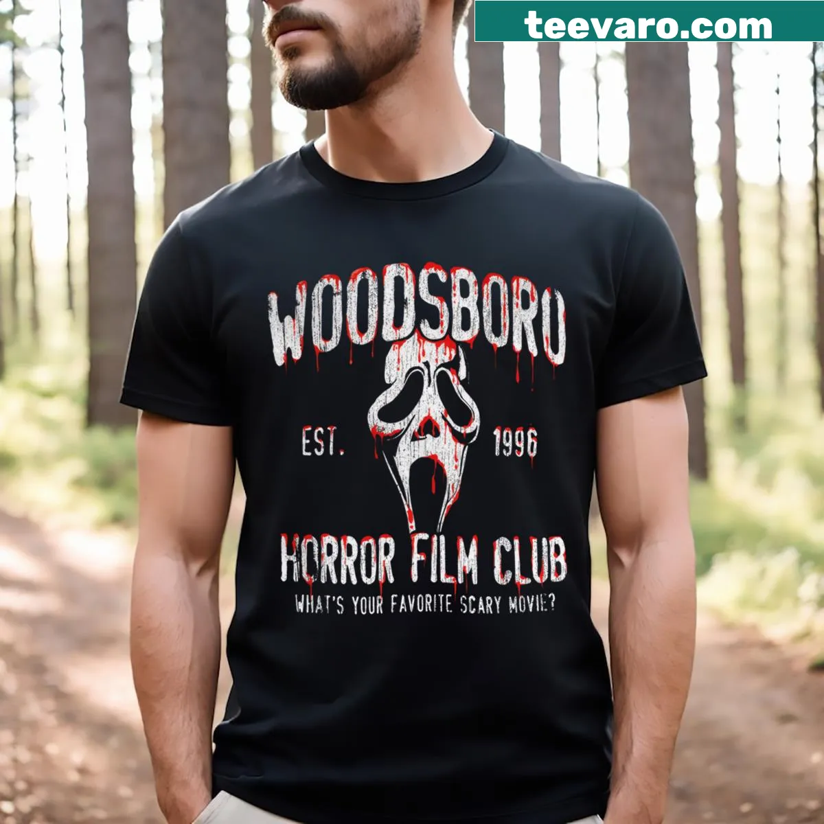 Ghostface graphic on horror-themed T-shirt — on a men's t-shirt