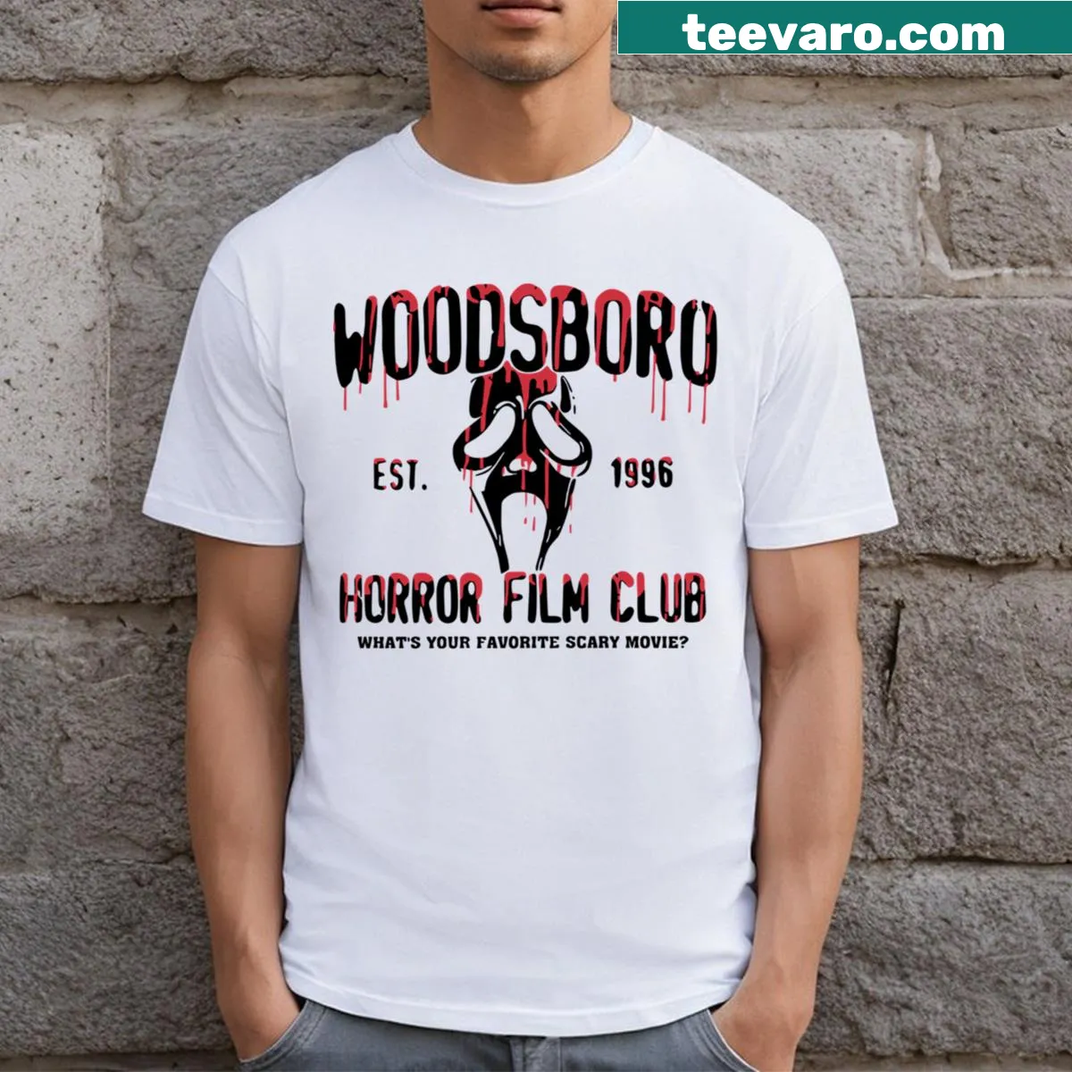 Woodsboro Horror Film Club t-shirt with bold typography — on a men's t-shirt
