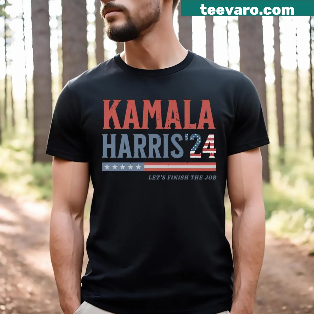 Text design promoting Kamala Harris for 2024 on a t-shirt — on a men's t-shirt