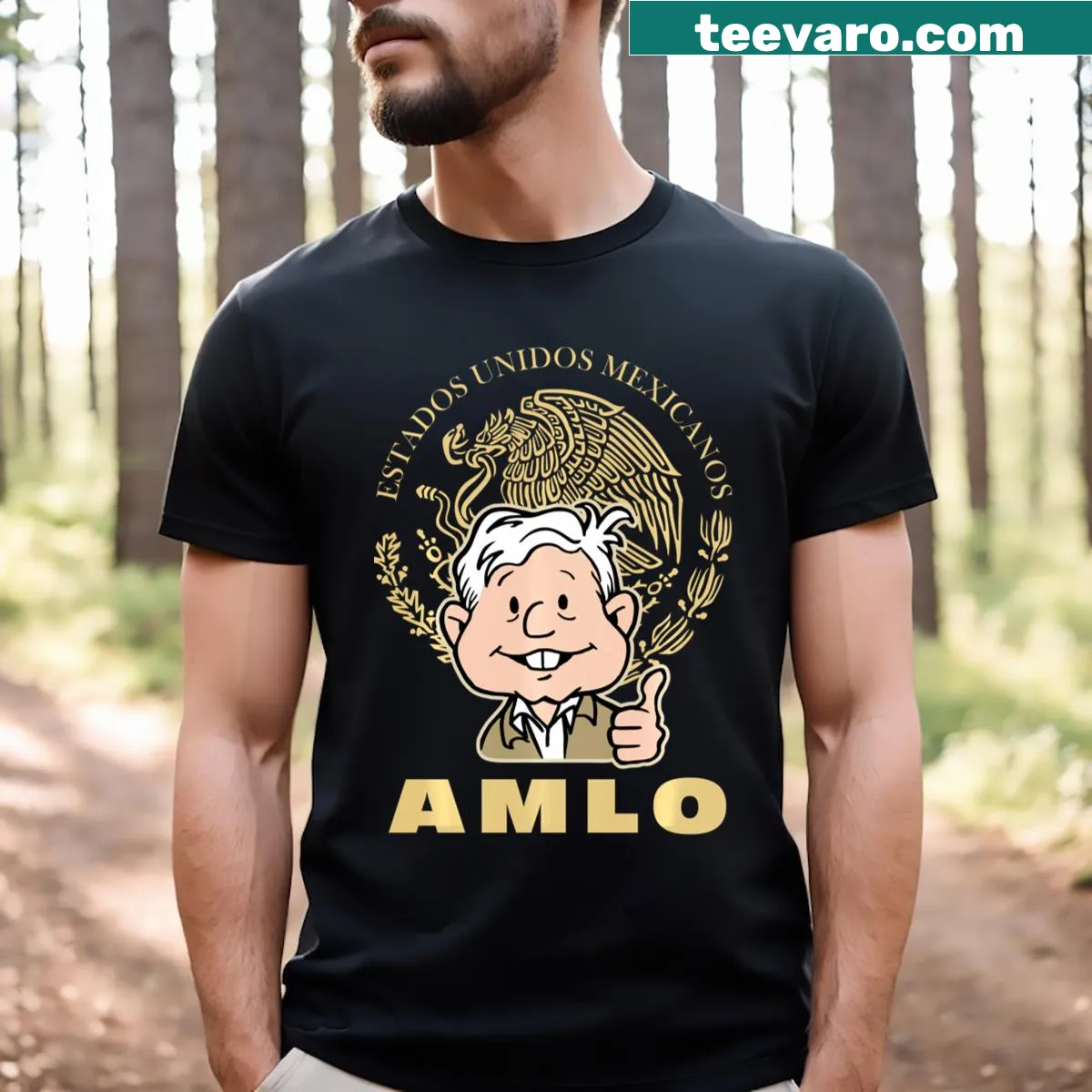 Cartoon t-shirt of AMLO with Mexican national emblem — on a men's t-shirt