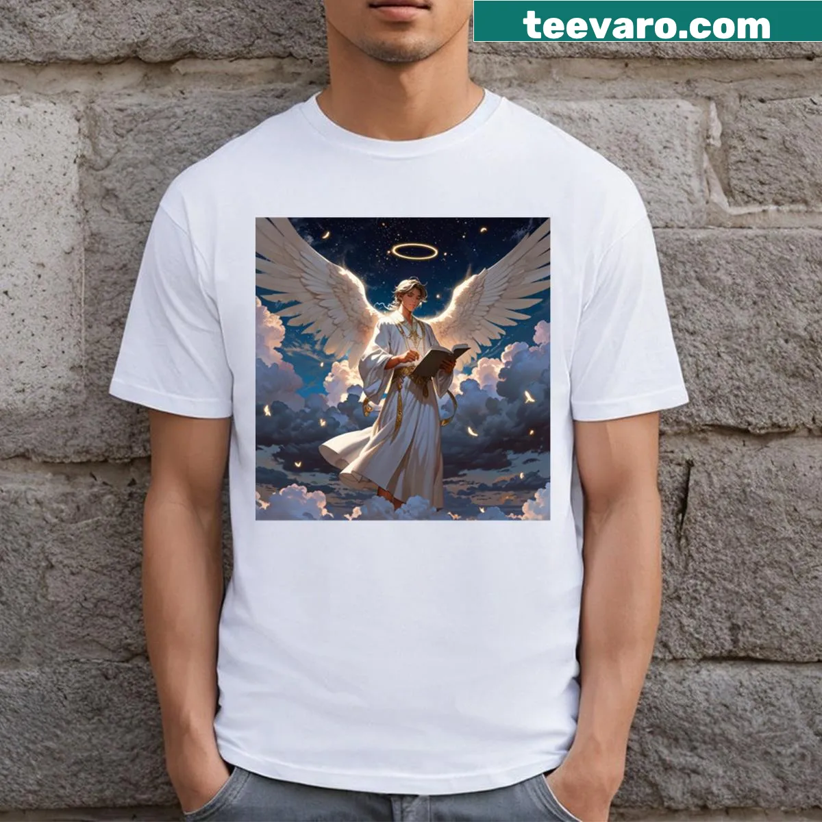 Illustrated t-shirt of Archangel Gabriel, the Messenger — on a men's t-shirt