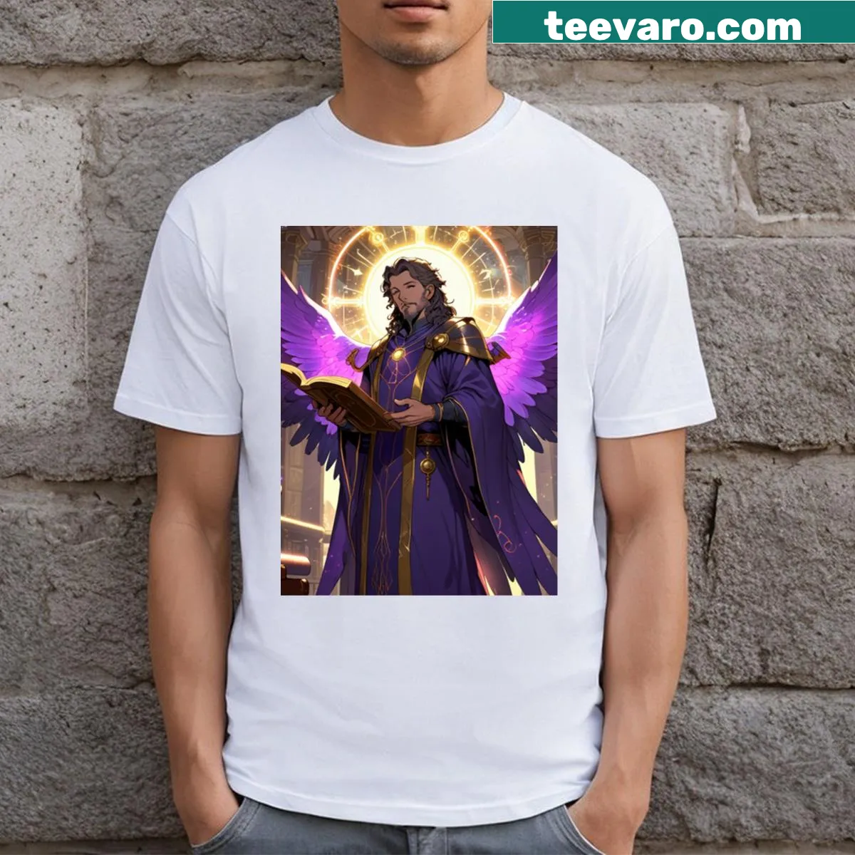 Illustrated Archangel Metatron graphic T-shirt with intricate details. — on a men's t-shirt