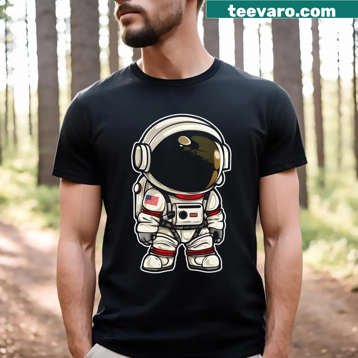 Cartoon astronaut graphic T-shirt featuring a playful space design. — on a men's t-shirt