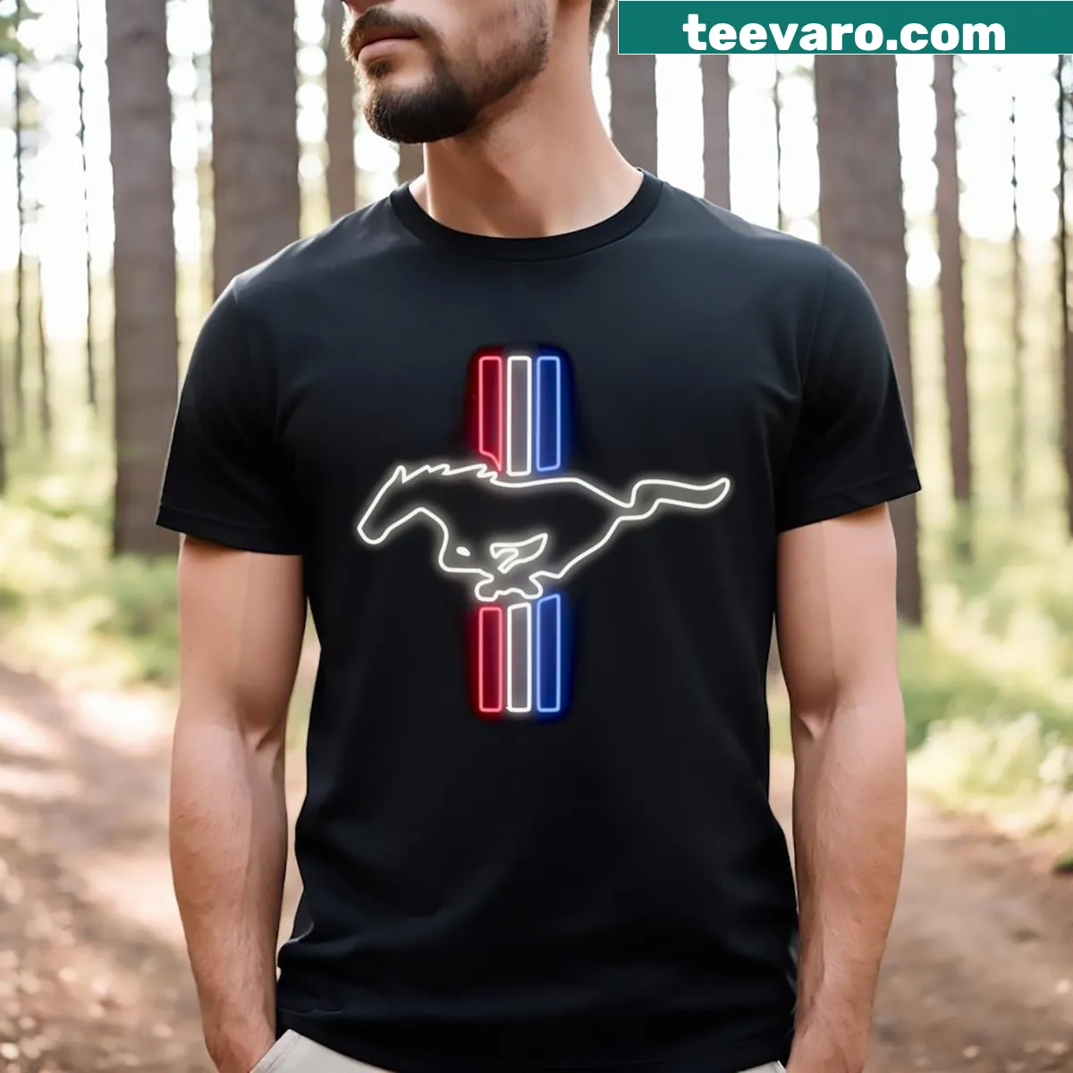 Neon light logo graphic T-shirt featuring the Mustang emblem. — on a men's t-shirt