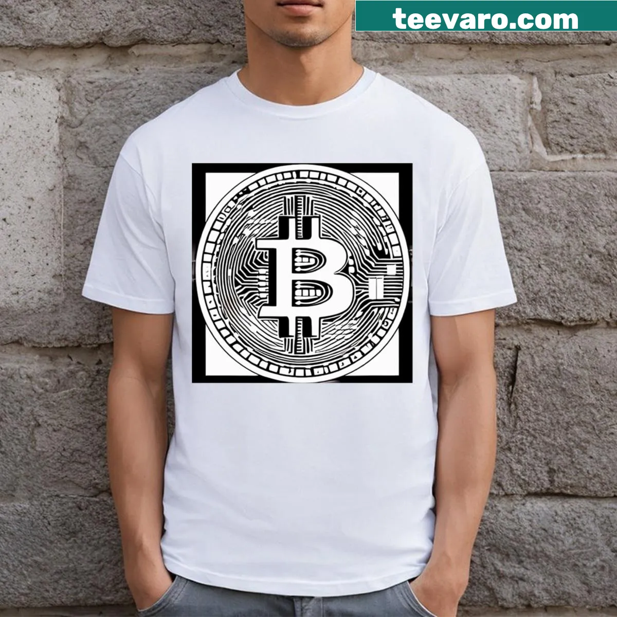 Steampunk-style Bitcoin illustration on t-shirt, unique design — on a men's t-shirt