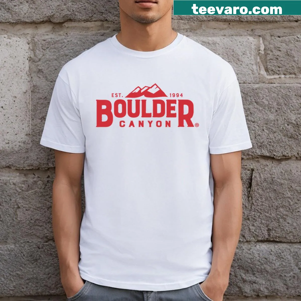 Minimalist logo graphic T-shirt representing Boulder Canyon — on a men's t-shirt