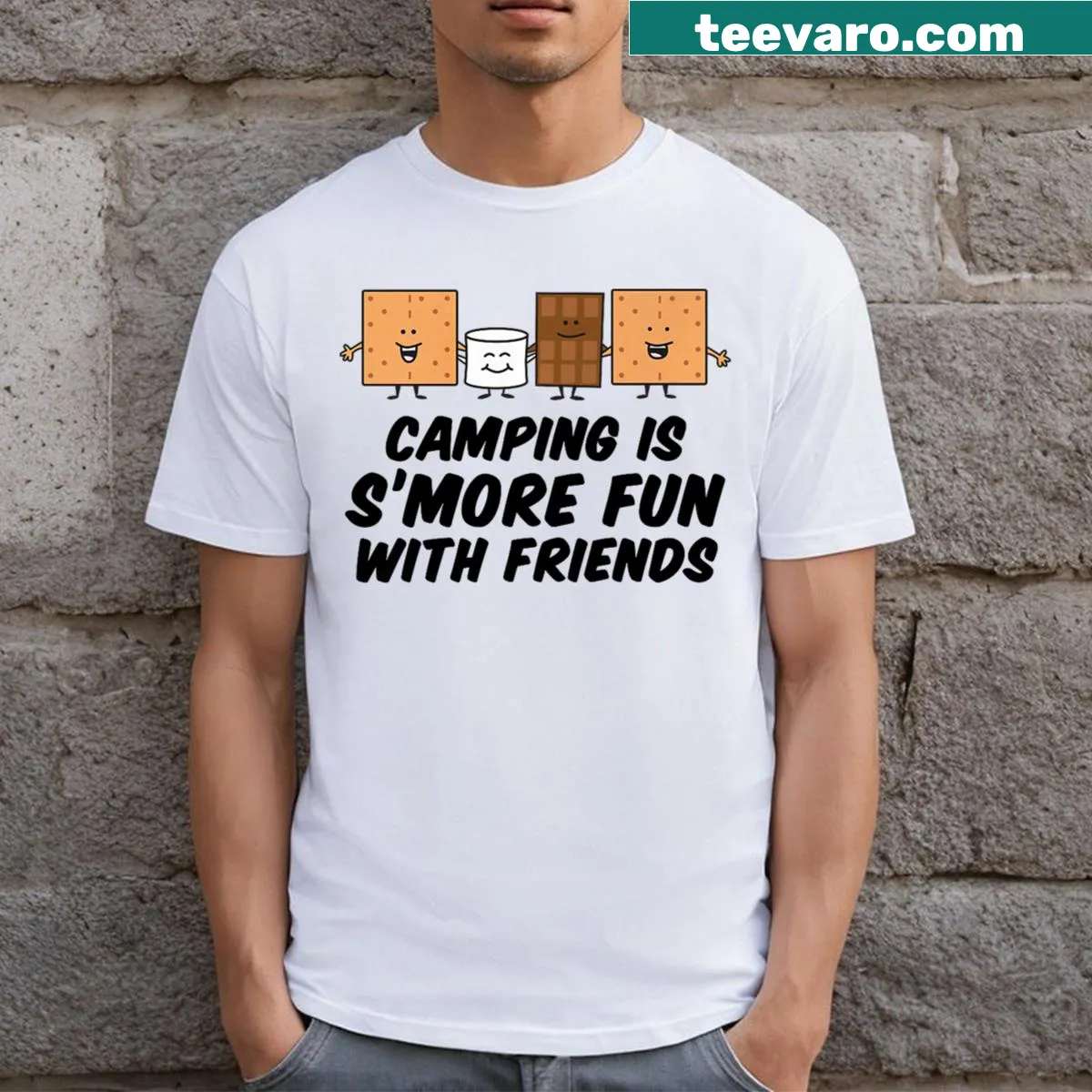 Cartoon T-shirt featuring friends enjoying smores by the campfire — on a men's t-shirt