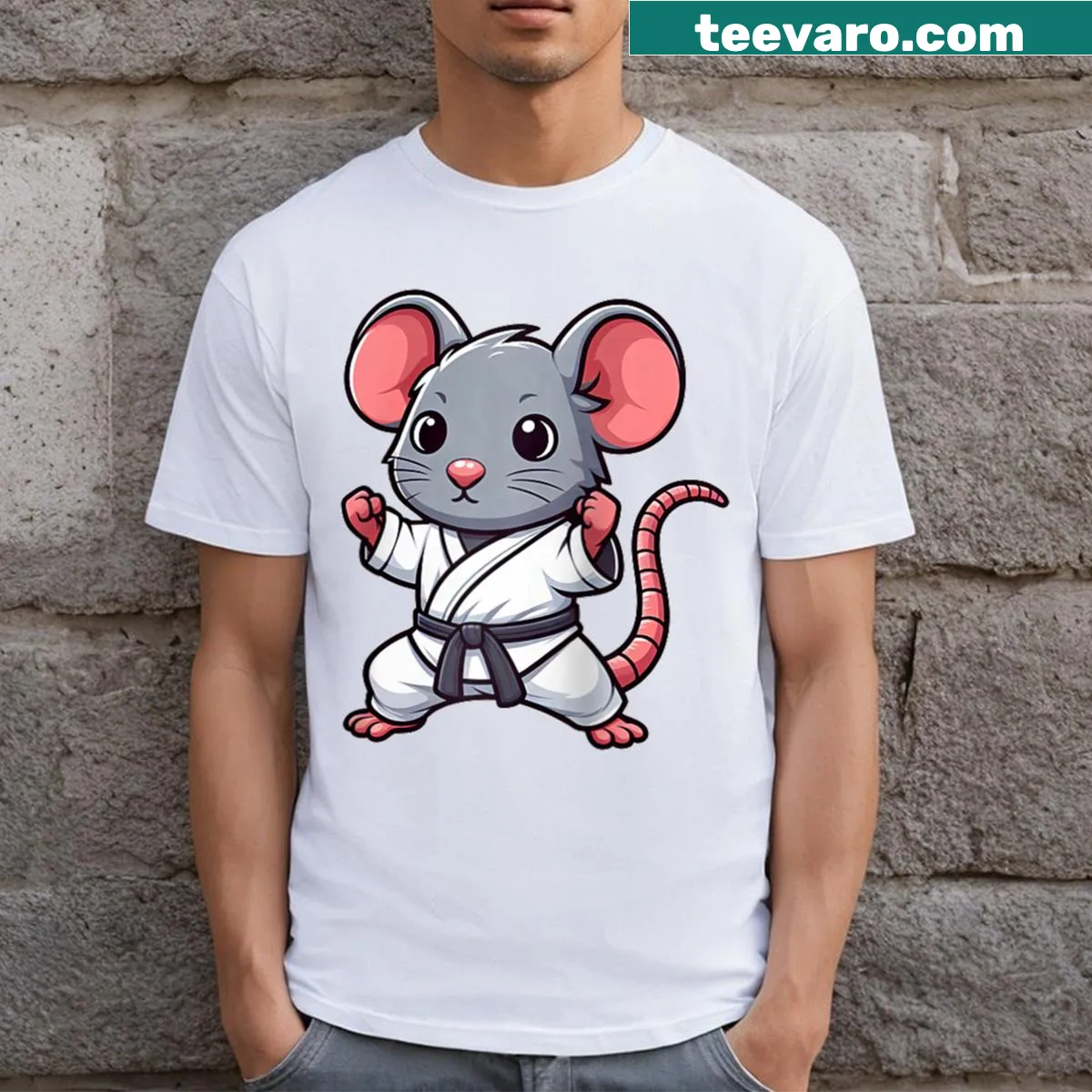 Cartoon karate mouse graphic on a baseball tee — on a men's t-shirt