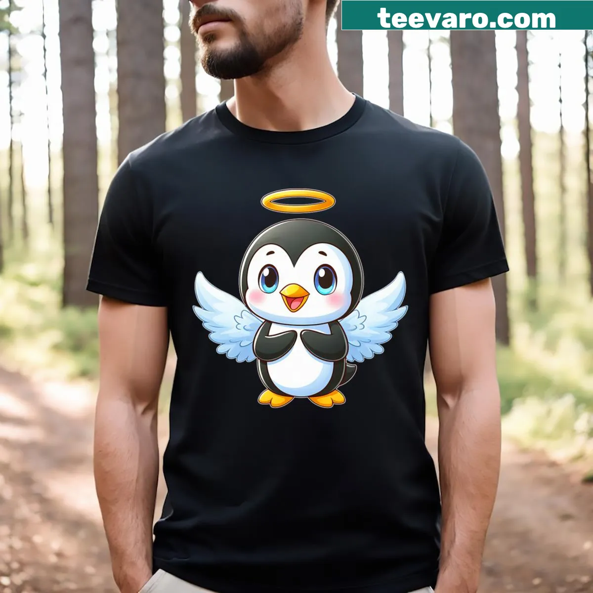 Cartoon penguin with angel wings and halo design — on a men's t-shirt