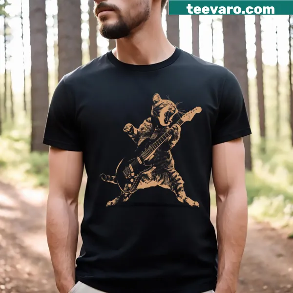 Playful illustration of a rock star cat on a T-shirt