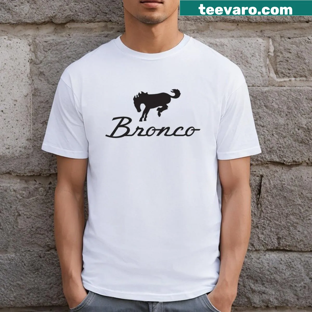 Classic black t-shirt featuring the Bronco logo. — on a men's t-shirt