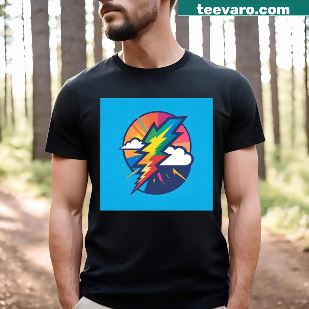 Lightning bolt and clouds graphic T-shirt for active wear — on a men's t-shirt