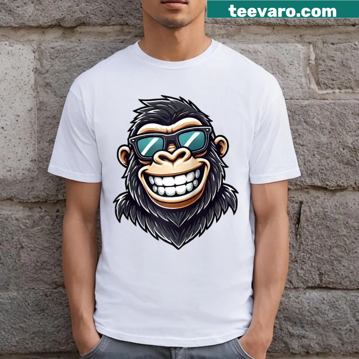 Cartoon gorilla wearing sunglasses on a raglan T-shirt — on a men's t-shirt