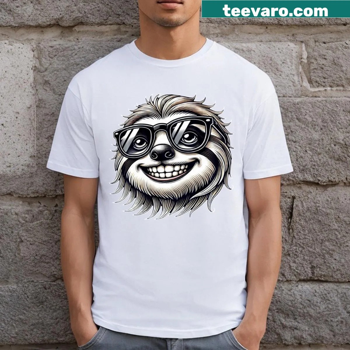 Cartoon sloth wearing sunglasses design on a t-shirt — on a men's t-shirt