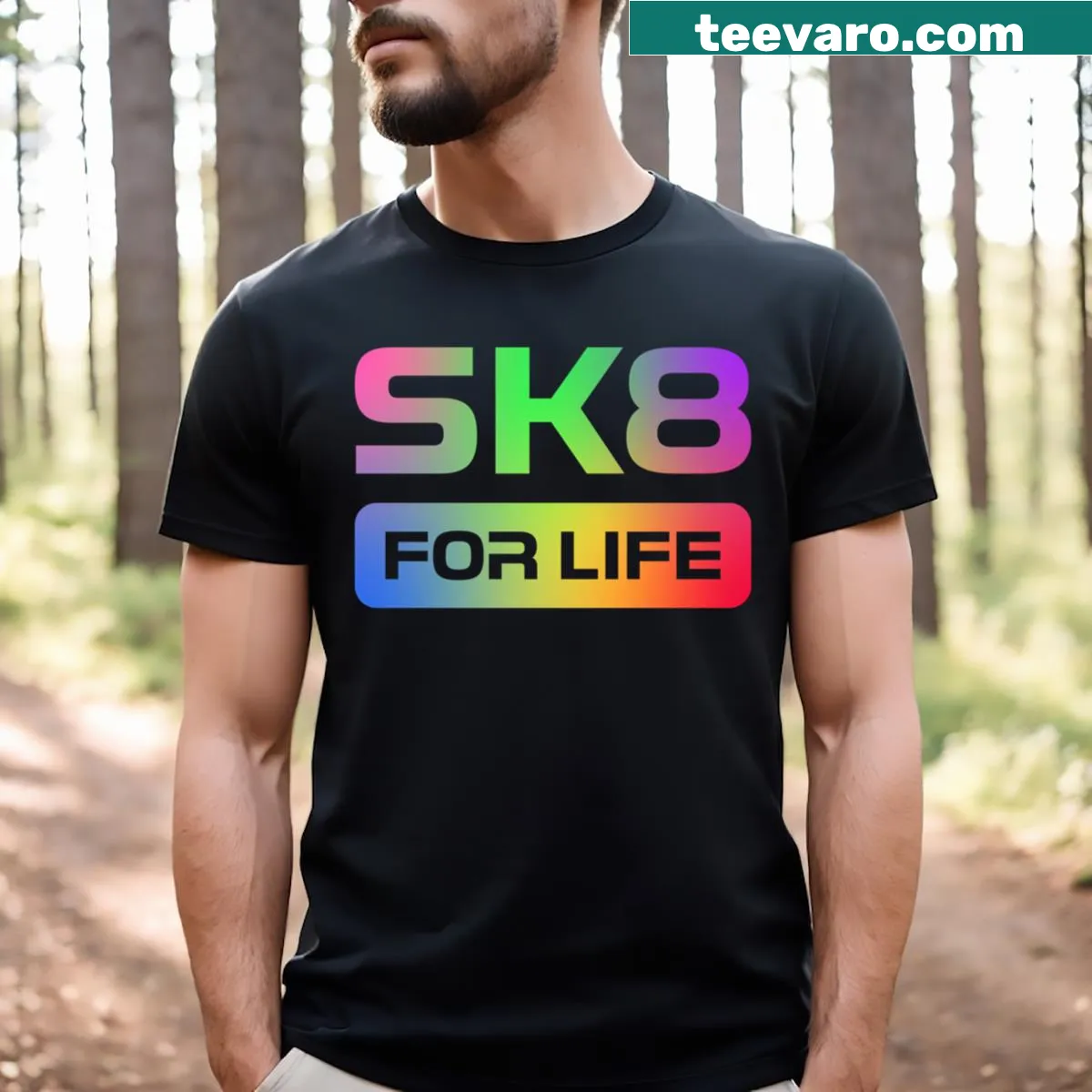 Sk8 For Life logo graphic T-shirt with vibrant design — on a men's t-shirt