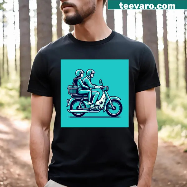 Illustrative T-shirt of a couple riding on a bicycle together