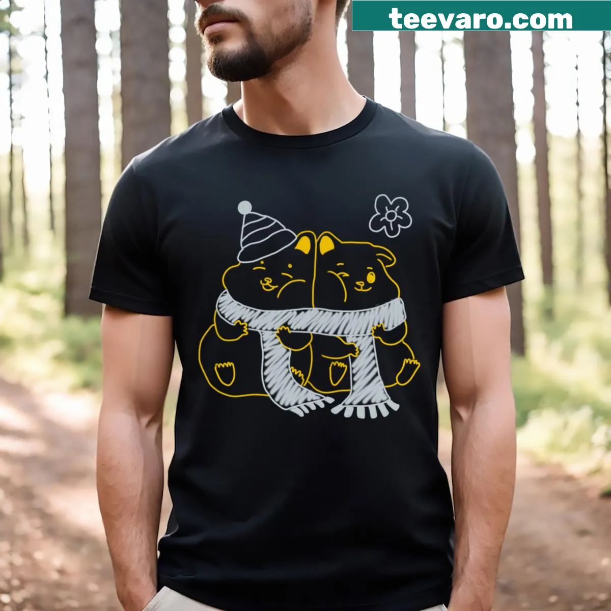 Adorable illustration of two voles in love against a snowy background — on a men's t-shirt
