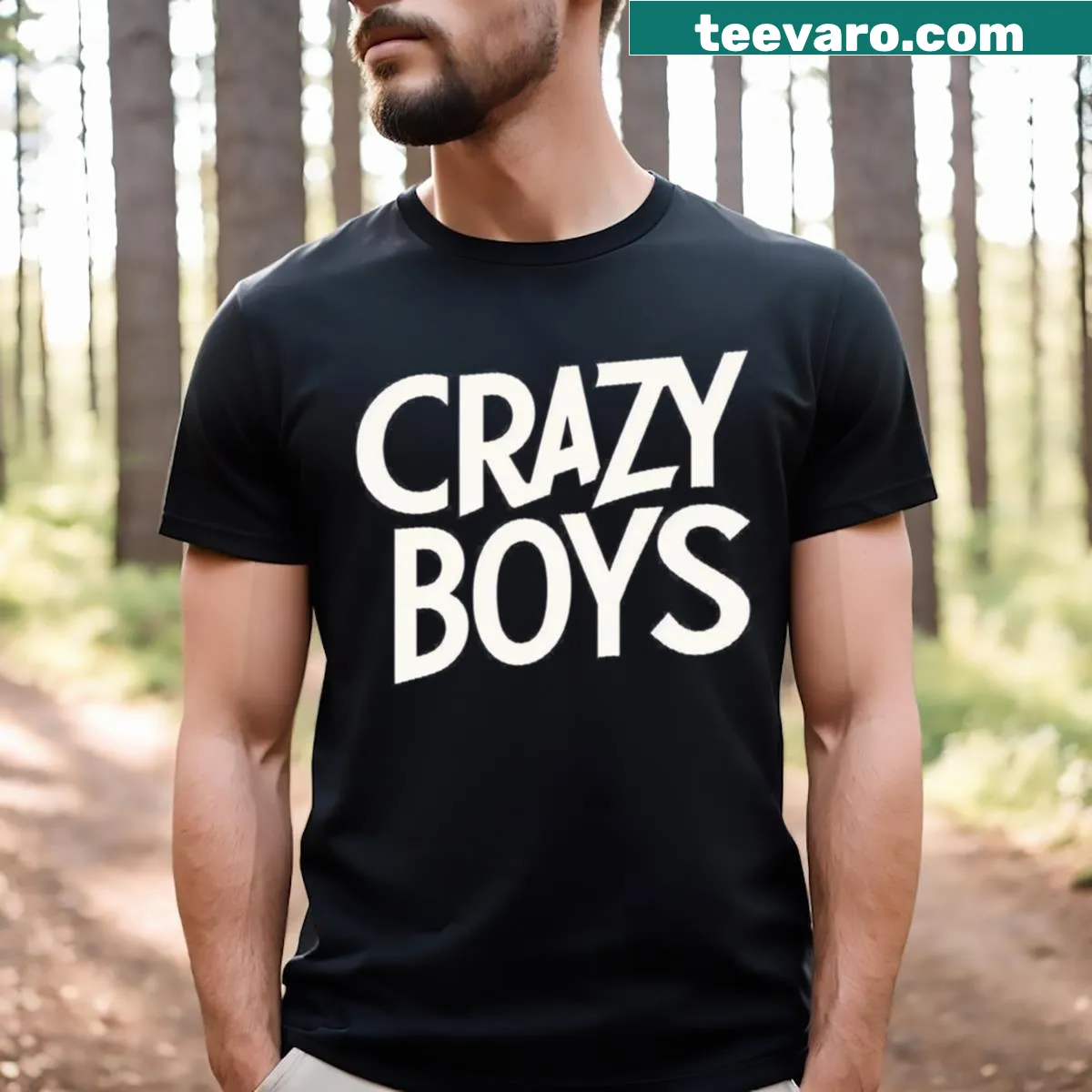 Bold typography logo tee for the Crazy Boys crew — on a men's t-shirt