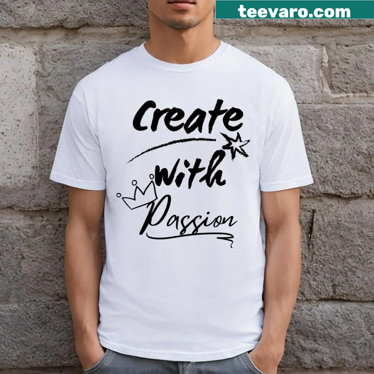Text design featuring 'Create With Passion' in an artistic style — on a men's t-shirt