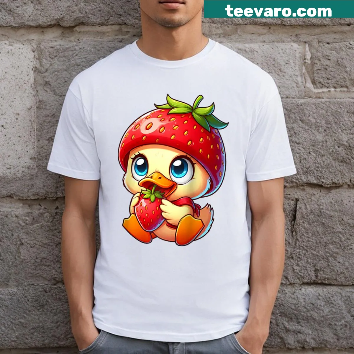 Whimsical cartoon duck with strawberries on a raglan baseball tee — on a men's t-shirt