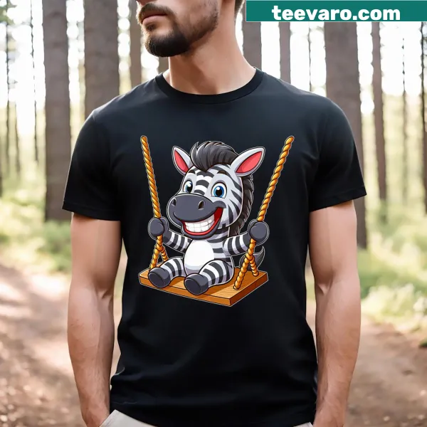 Smiling cartoon zebra swinging on a light background