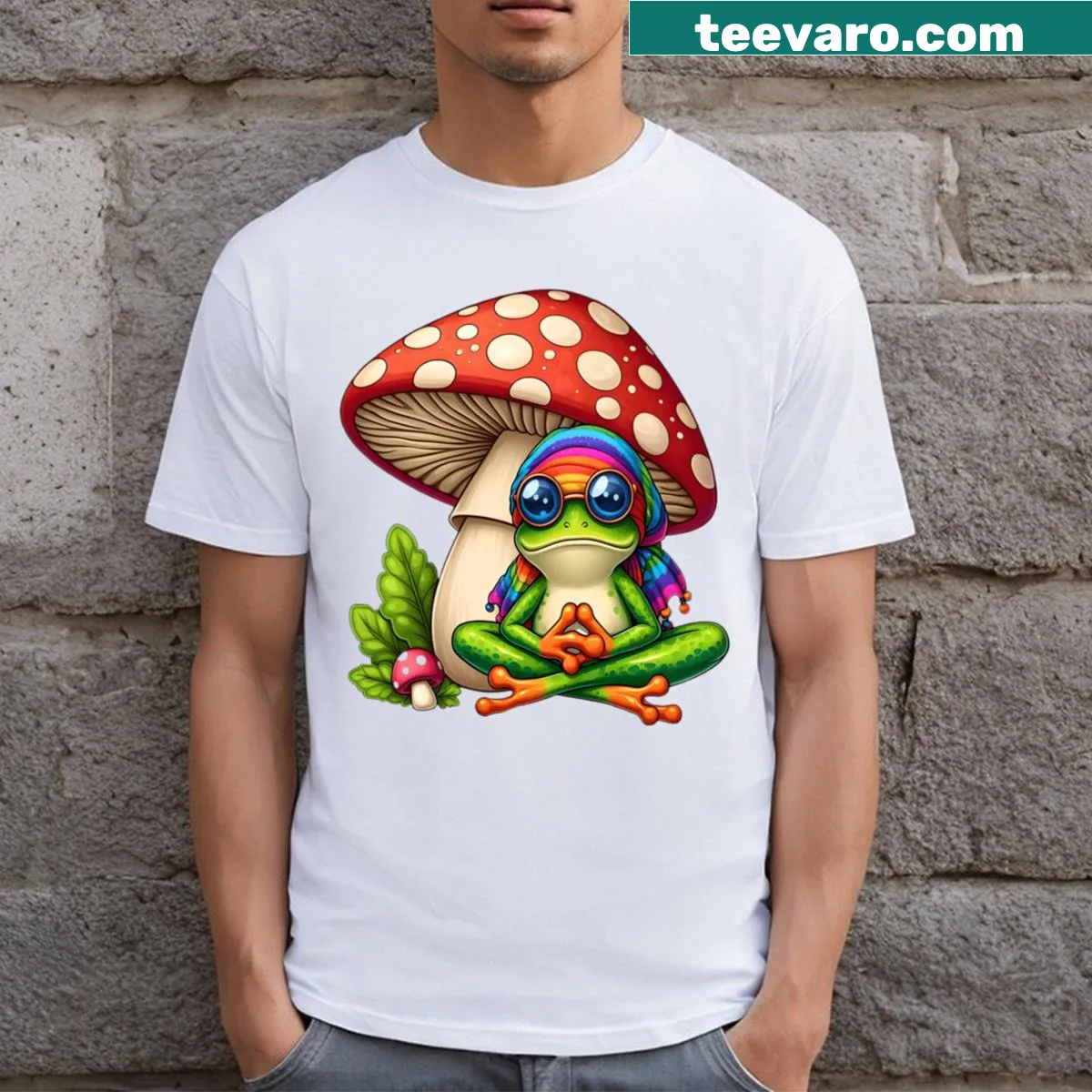 Adorable frog among mushrooms on a nature-themed T-shirt — on a men's t-shirt