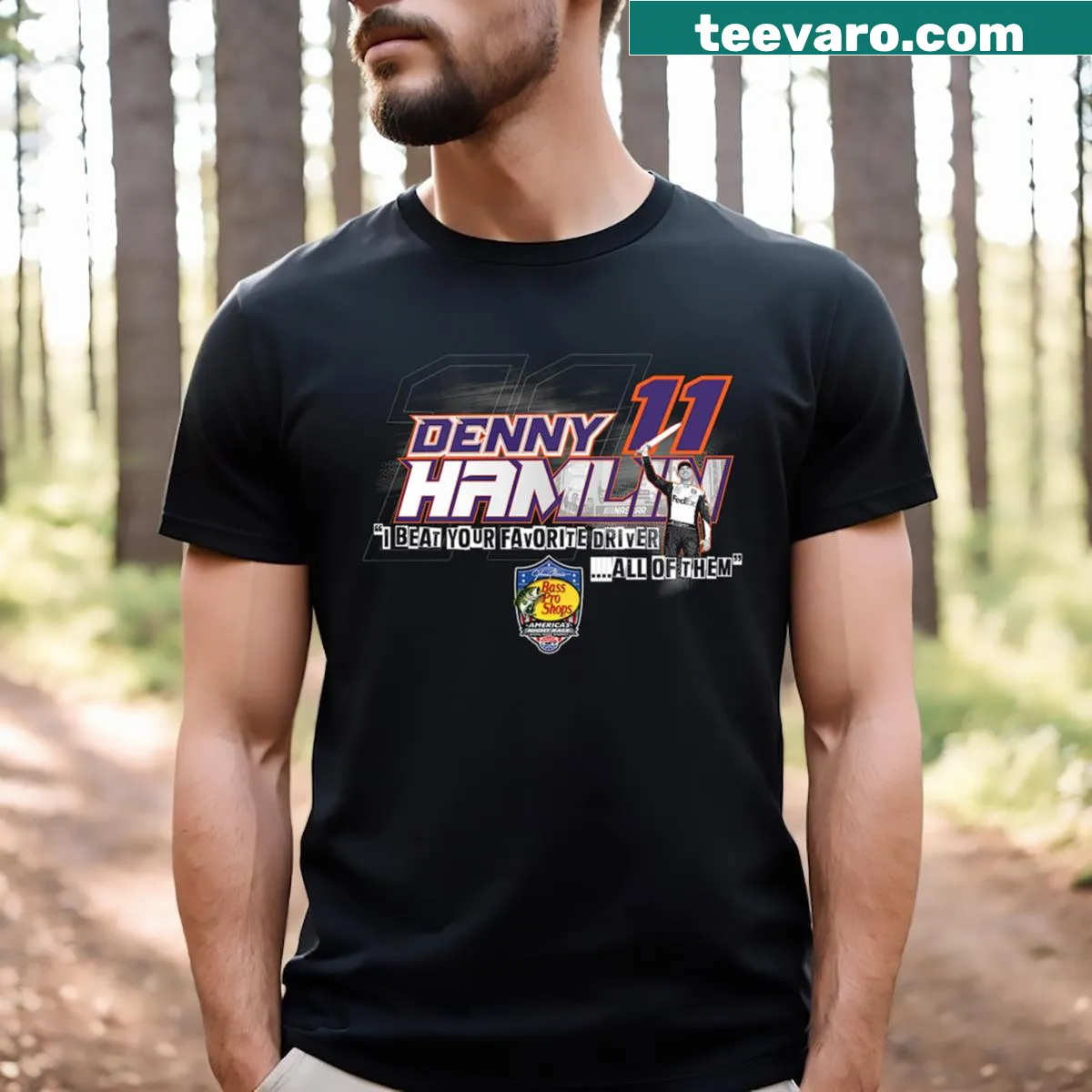 Denny Hamlin Night Race t-shirt featuring an action illustration of the racer — on a men's t-shirt