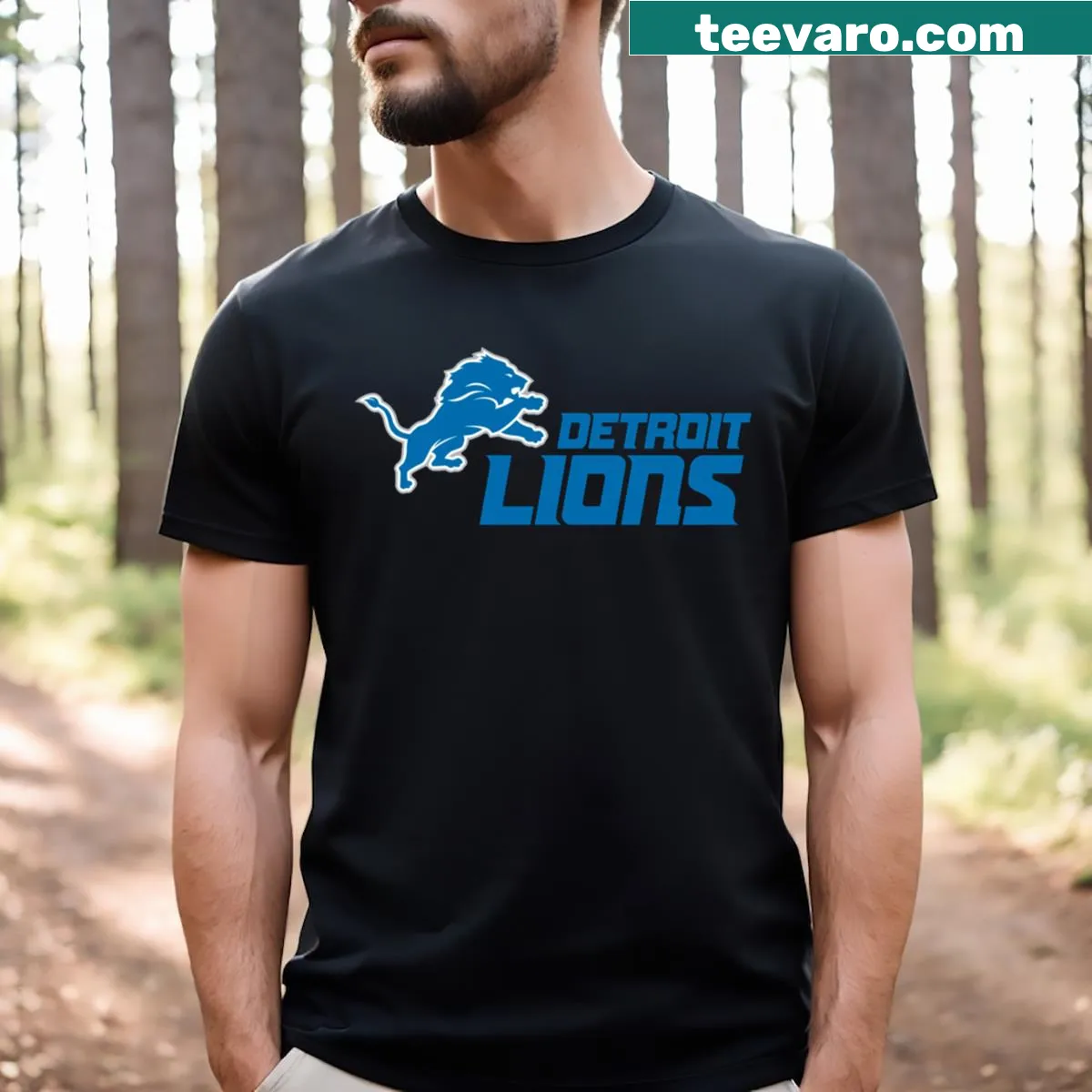 Essential T-shirt featuring the Detroit Lions logo — on a men's t-shirt