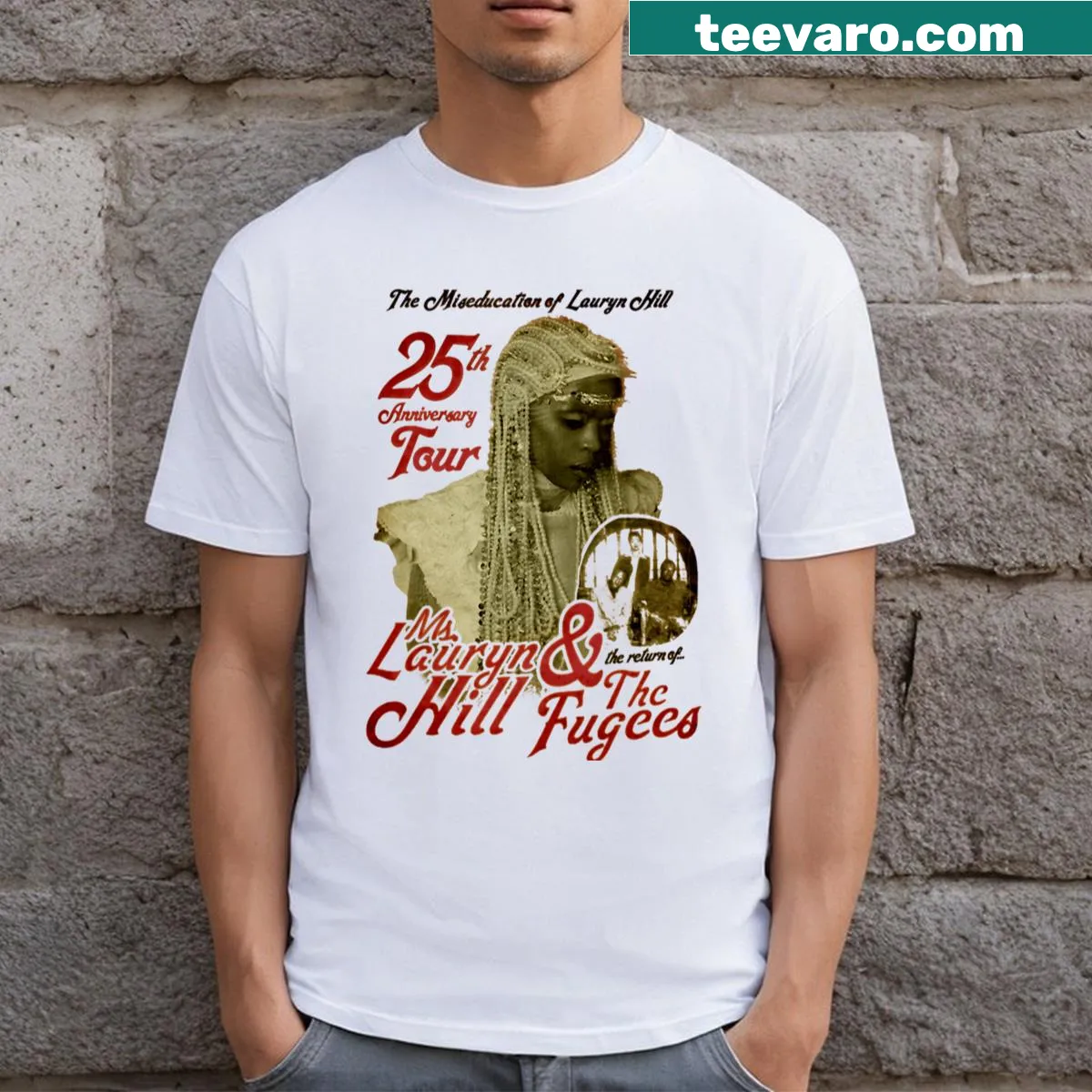 Vintage music logo t-shirt representing a fan album tour — on a men's t-shirt