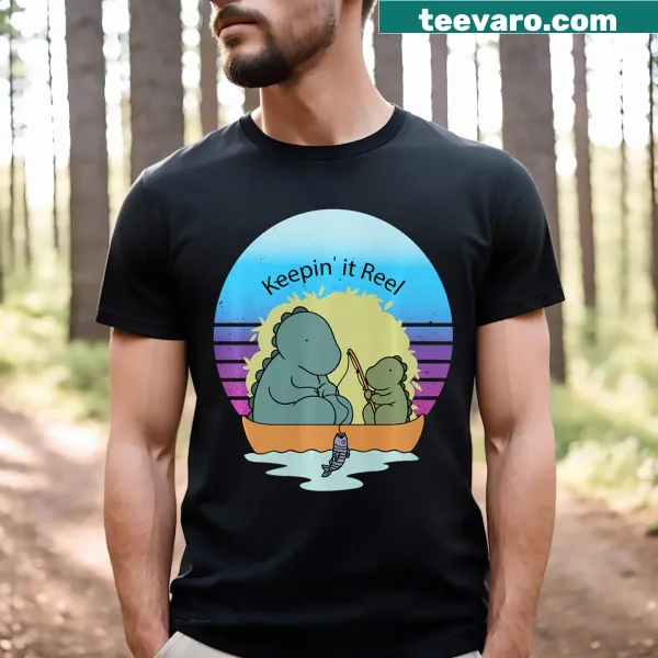 Cartoon t-shirt featuring a T-rex and son fishing in a boat