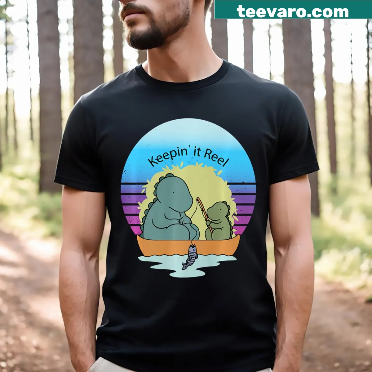 Cartoon t-shirt featuring a T-rex and son fishing in a boat — on a men's t-shirt
