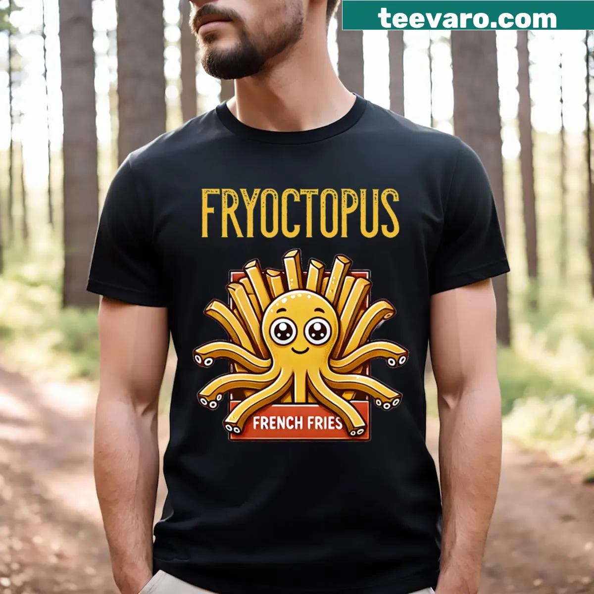 Cartoon T-shirt featuring a whimsical octopus made of fries — on a men's t-shirt