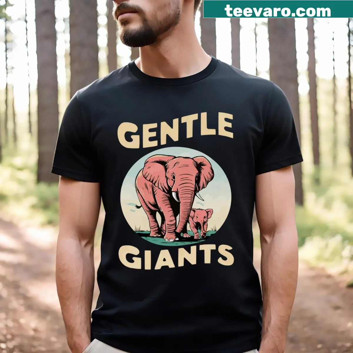 Illustrative t-shirt showcasing majestic elephants in a serene setting — on a men's t-shirt