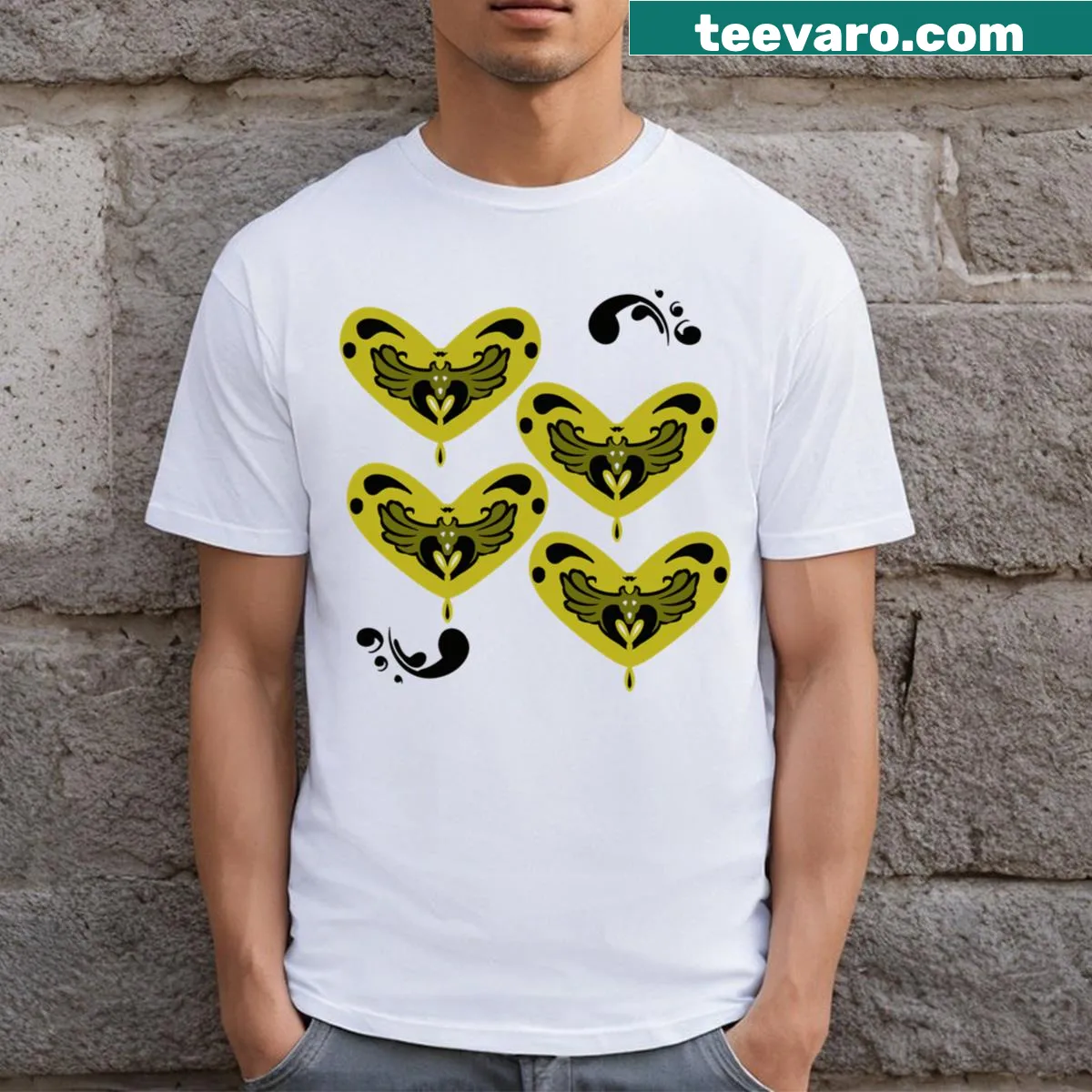 Minimalist heart graphic design in green and black on a t-shirt — on a men's t-shirt