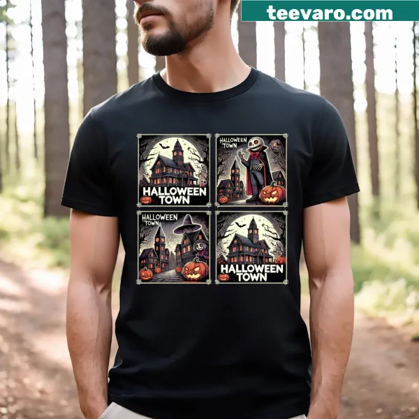 Cartoon t-shirt featuring spooky Halloween characters and skeletons
