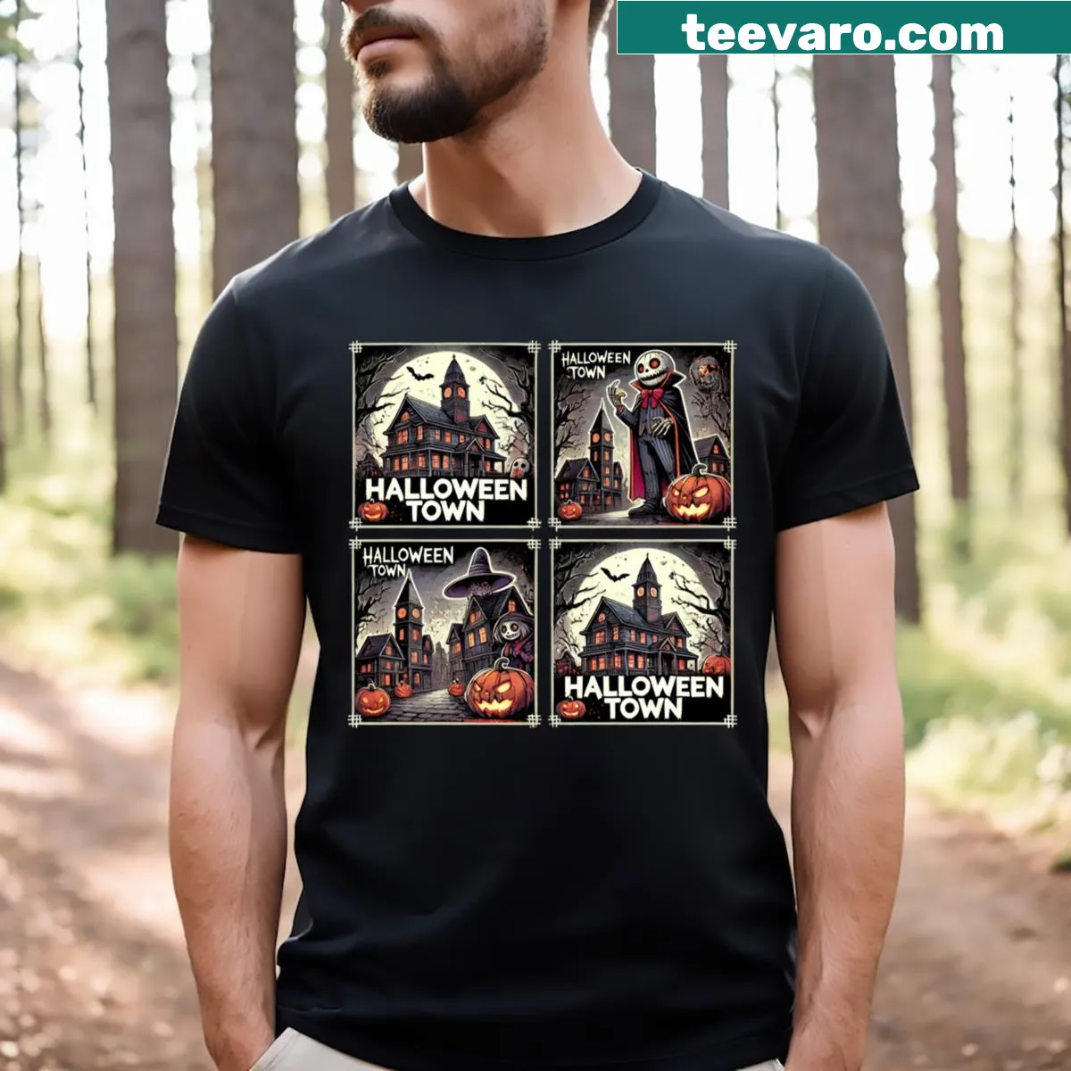 Cartoon t-shirt featuring spooky Halloween characters and skeletons — on a men's t-shirt