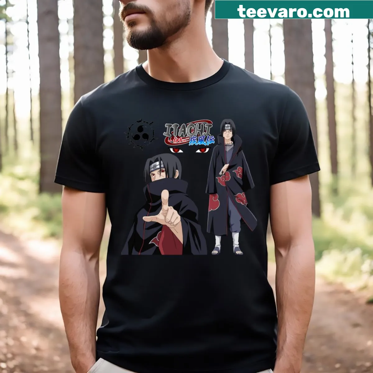 Illustration of Itachi Uchiha from anime with sharingan on T-shirt — on a men's t-shirt