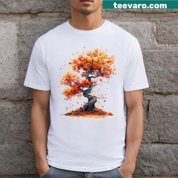 Illustrated t-shirt depicting serene autumn landscapes of Japan