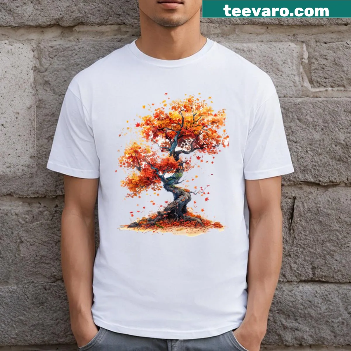Illustrated t-shirt depicting serene autumn landscapes of Japan — on a men's t-shirt