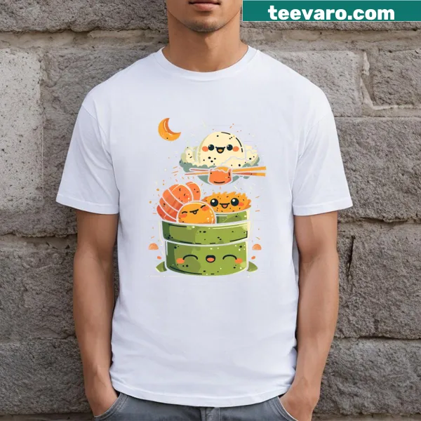 Assorted kawaii food items illustrated on a t-shirt