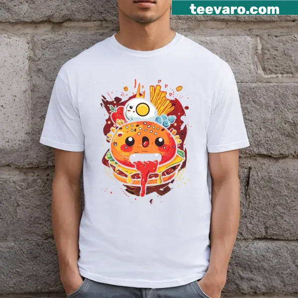 Cute illustrations of hot foods in kawaii style on a t-shirt