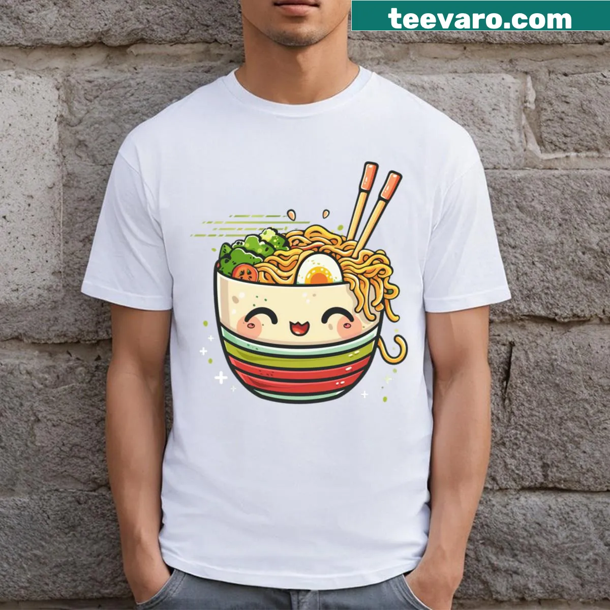 Cute ramen illustration on T-shirt with Kawai design — on a men's t-shirt