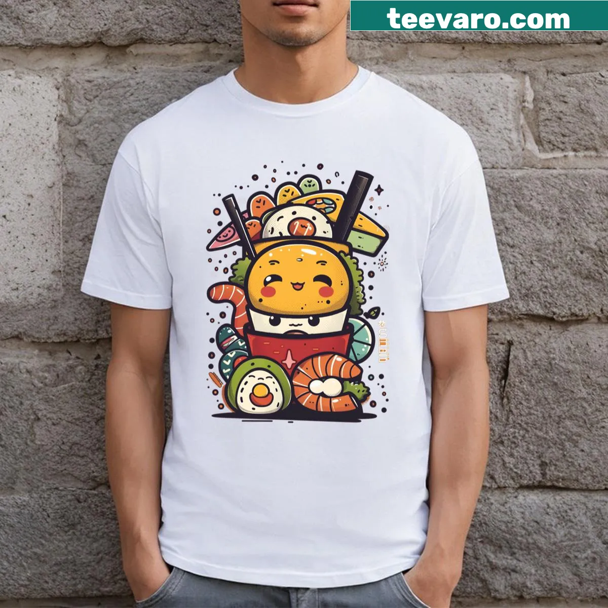 Cute cartoon shrimp graphic on Kawai T-shirt — on a men's t-shirt