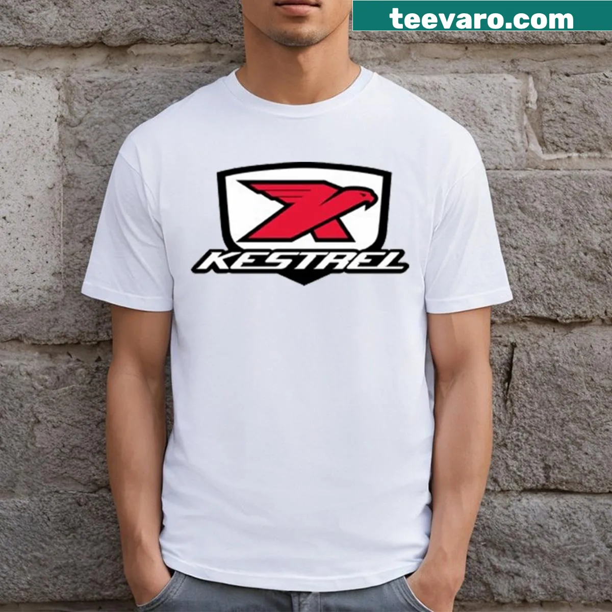 Minimalist Kestrel logo graphic on T-shirt — on a men's t-shirt
