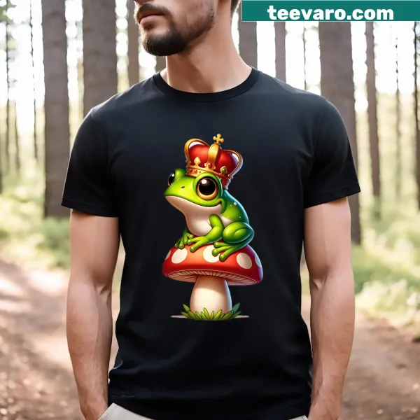 Illustrated t-shirt of a king frog sitting on a mushroom