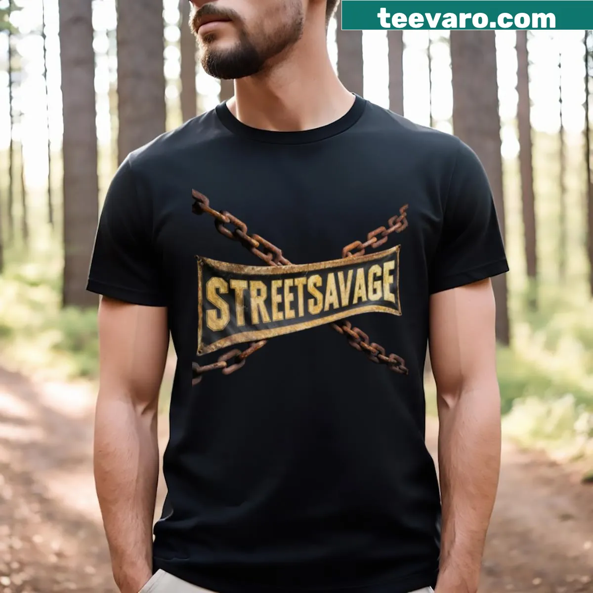 Large Streetsavage logo with chains on distressed T-shirt — on a men's t-shirt