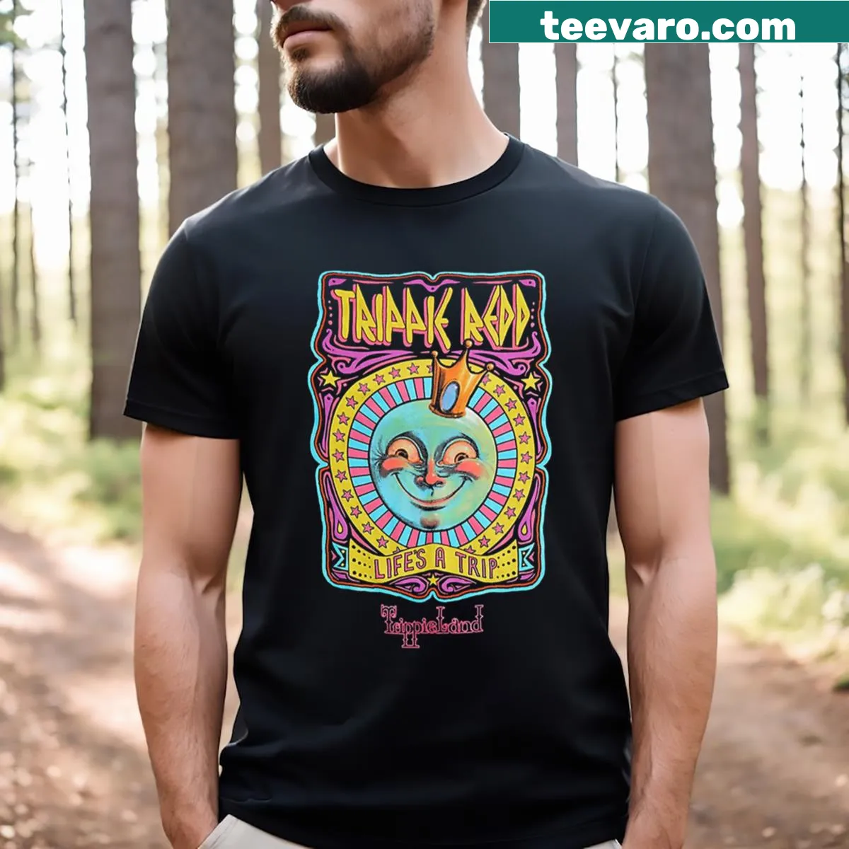 Bold typography t-shirt with the phrase 'Lifes A Trip' and Trippie Redd logo — on a men's t-shirt