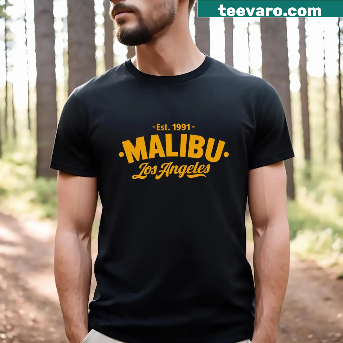 Malibu Los Angeles typographic logo shirt with simple text design — on a men's t-shirt