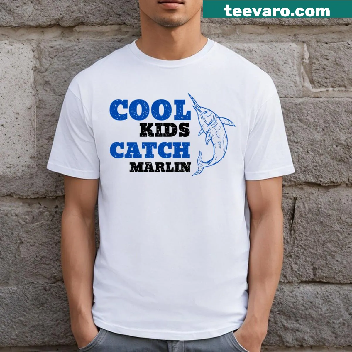 Vintage T-shirt featuring a playful illustration of marlin fishing for kids. — on a men's t-shirt