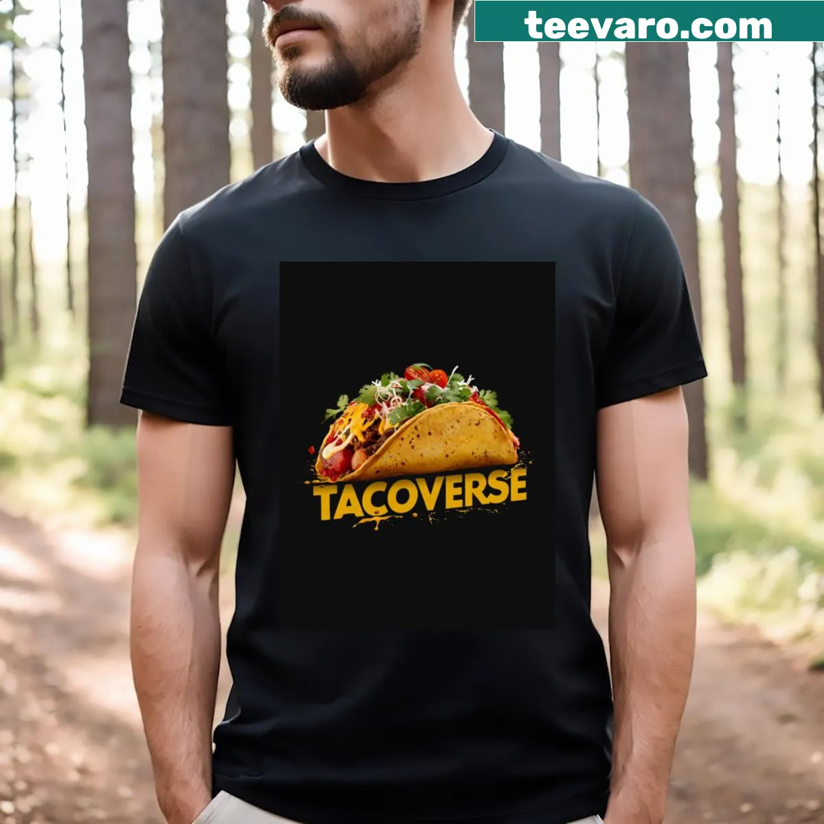 Minimalist Tacoverse t-shirt with striking typography — on a men's t-shirt